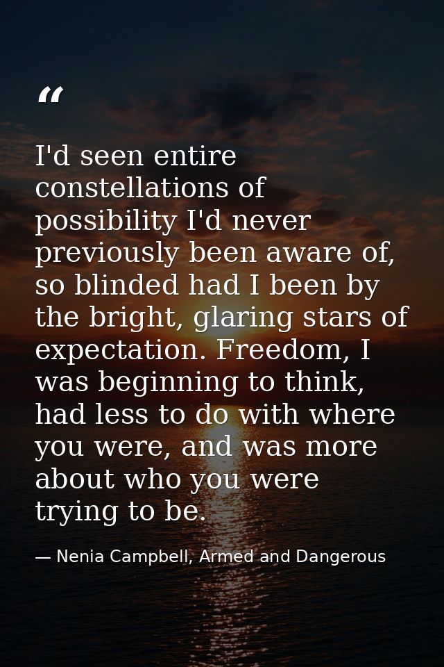 I'd seen entire constellations of possibility I'd never previously been aware of, so blinded had I been by the bright, g — Nenia Campbell, Armed and Dangerous