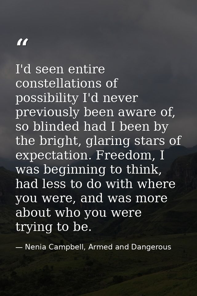 I'd seen entire constellations of possibility I'd never previously been aware of, so blinded had I been by the bright, g — Nenia Campbell, Armed and Dangerous