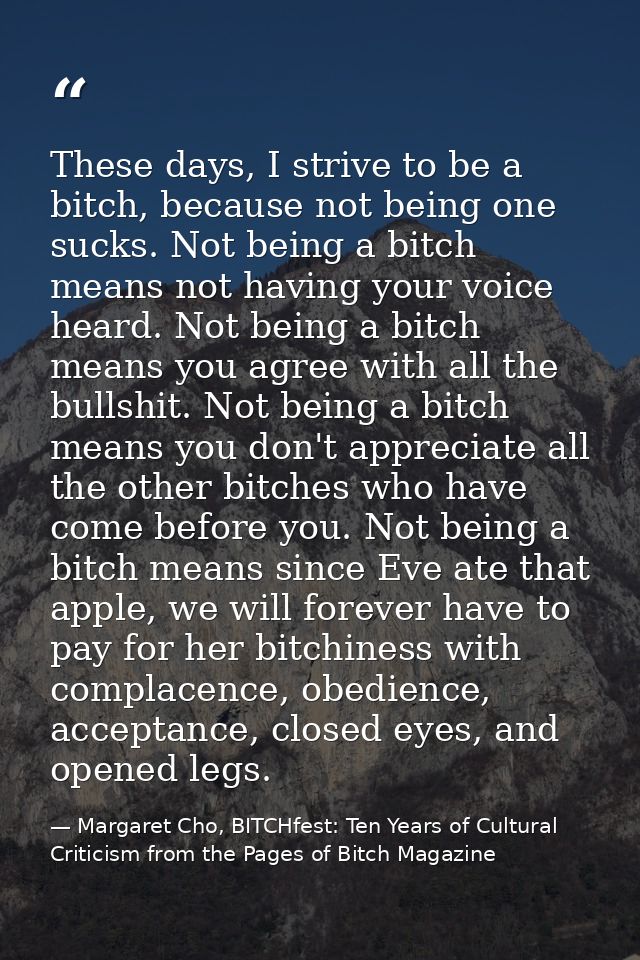 These days, I strive to be a bitch, because not being one sucks. Not being a bitch means not having your voice heard. No — Margaret Cho, BITCHfest: Ten Years of Cultural Criticism from the Pages of Bitch Magazine