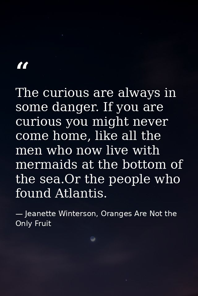 The curious are always in some danger. If you are curious you might never come home, like all the men who now live with  — Jeanette Winterson, Oranges Are Not the Only Fruit