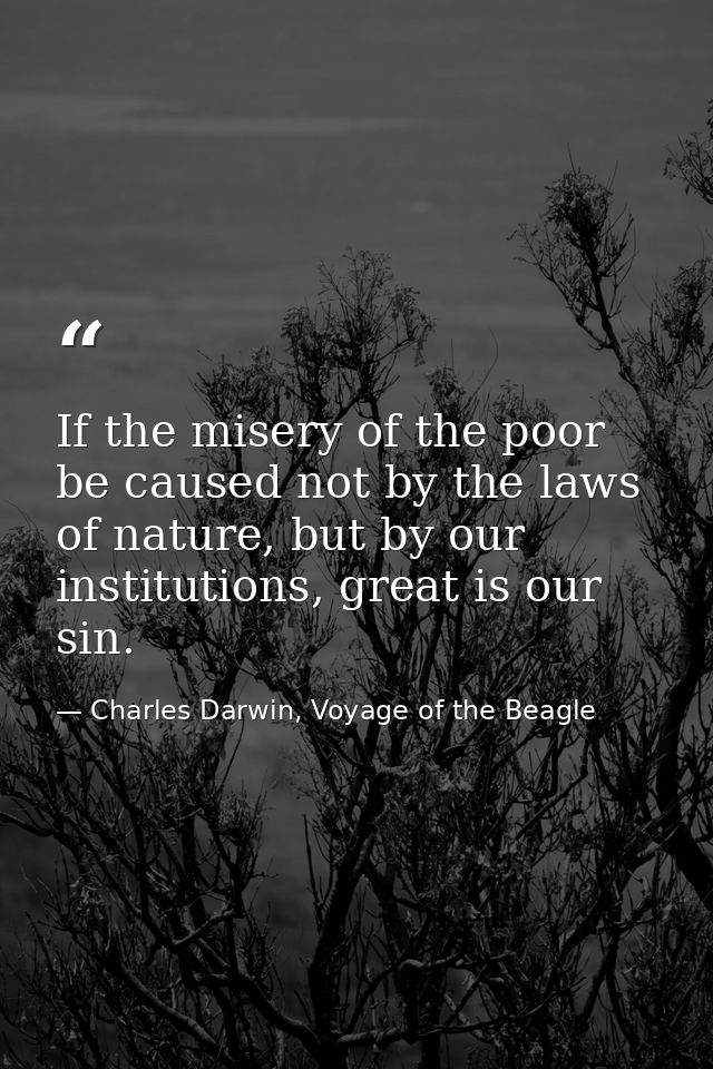 If the misery of the poor be caused not by the laws of nature, but by our institutions, great is our sin. — Charles Darwin, Voyage of the Beagle