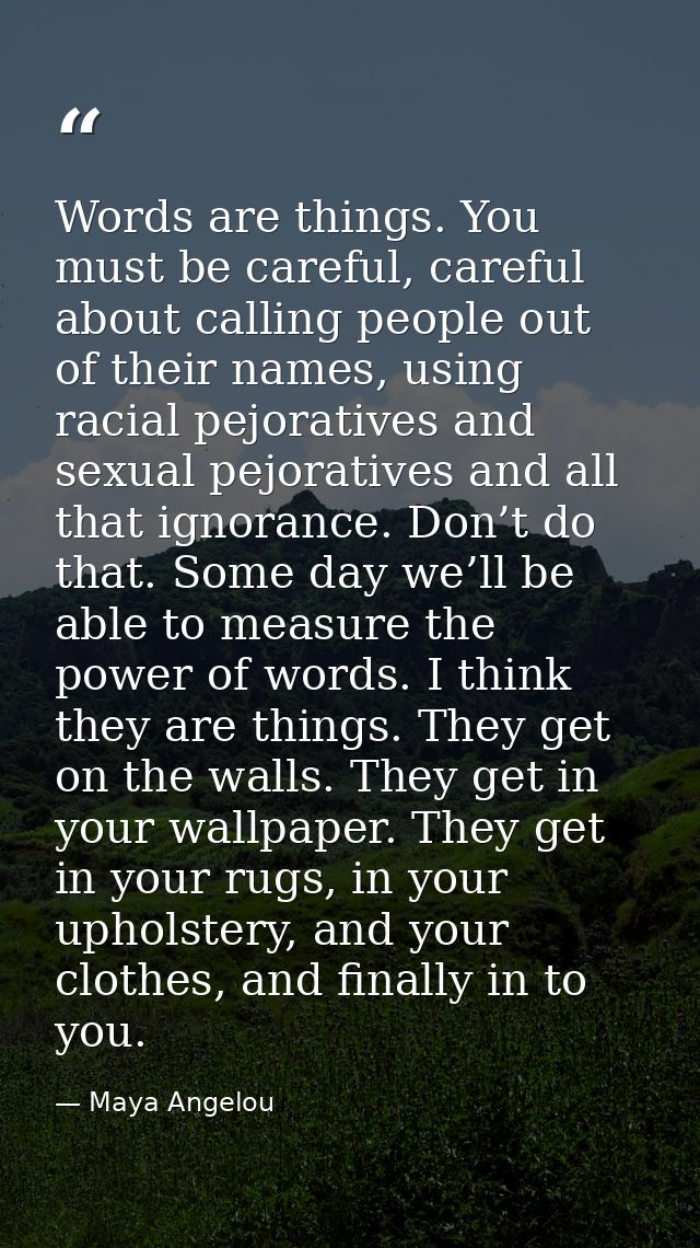 Words are things. You must be careful, careful about calling people out of their names, using racial pejoratives and sex — Maya Angelou