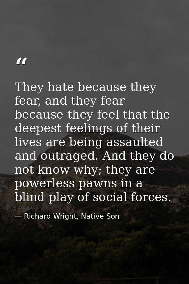 They hate because they fear, and they fear because they feel that the deepest feelings of their lives are being assaulte — Richard Wright, Native Son