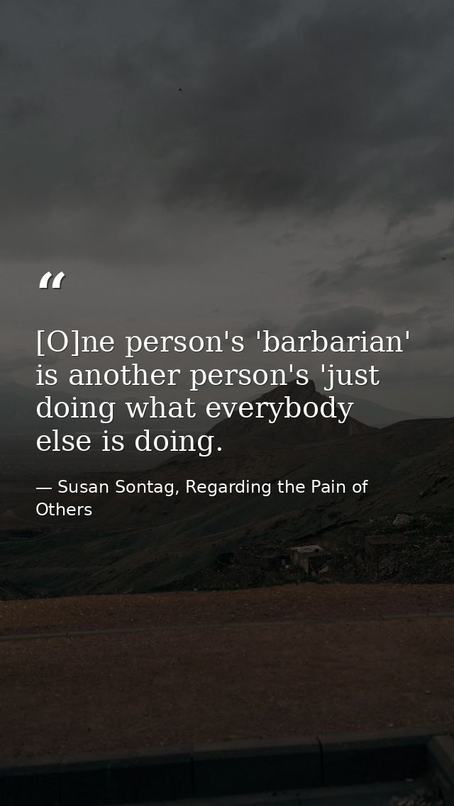 [O]ne person's 'barbarian' is another person's 'just doing what everybody else is doing. — Susan Sontag, Regarding the Pain of Others
