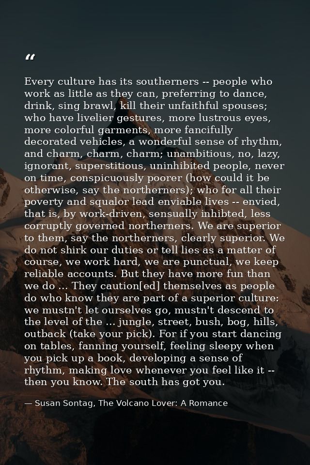 Every culture has its southerners -- people who work as little as they can, preferring to dance, drink, sing brawl, kill — Susan Sontag, The Volcano Lover: A Romance