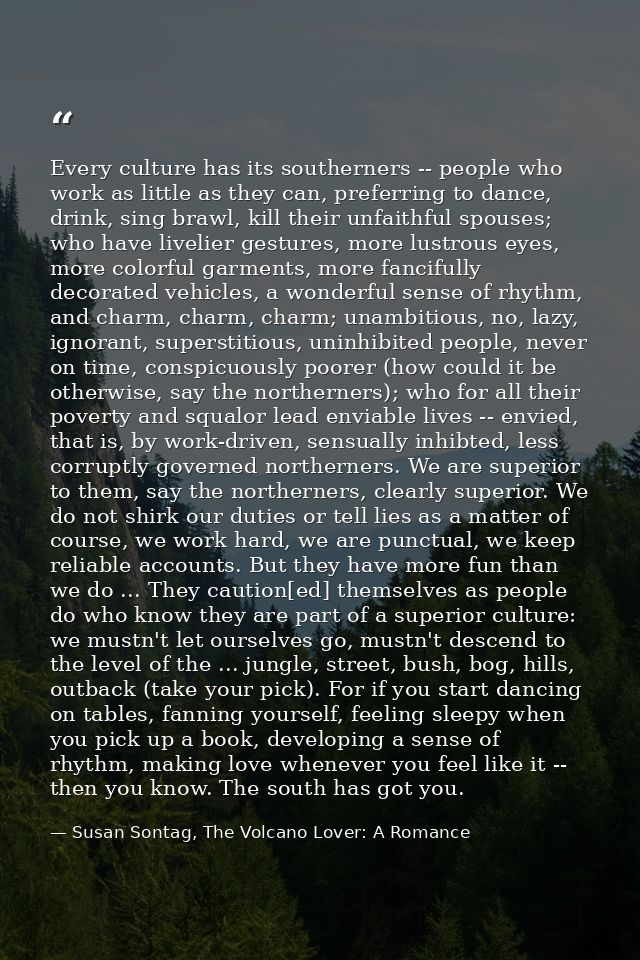 Every culture has its southerners -- people who work as little as they can, preferring to dance, drink, sing brawl, kill — Susan Sontag, The Volcano Lover: A Romance