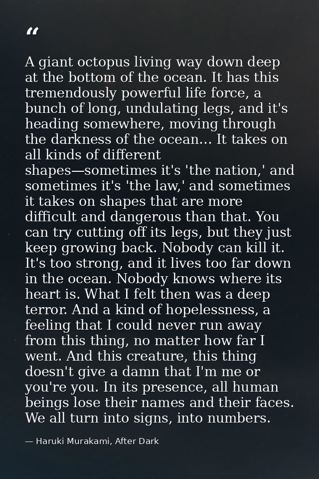 A giant octopus living way down deep at the bottom of the ocean. It has this tremendously powerful life force, a bunch o — Haruki Murakami, After Dark