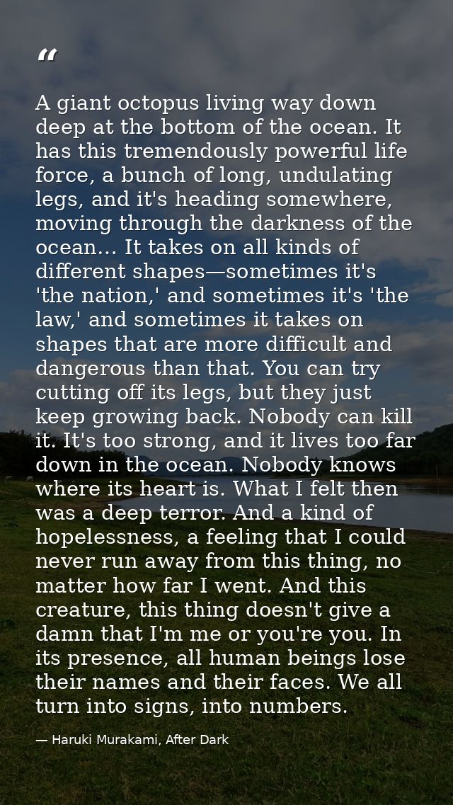 A giant octopus living way down deep at the bottom of the ocean. It has this tremendously powerful life force, a bunch o — Haruki Murakami, After Dark