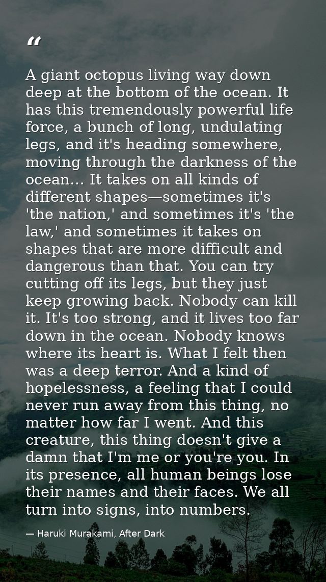 A giant octopus living way down deep at the bottom of the ocean. It has this tremendously powerful life force, a bunch o — Haruki Murakami, After Dark