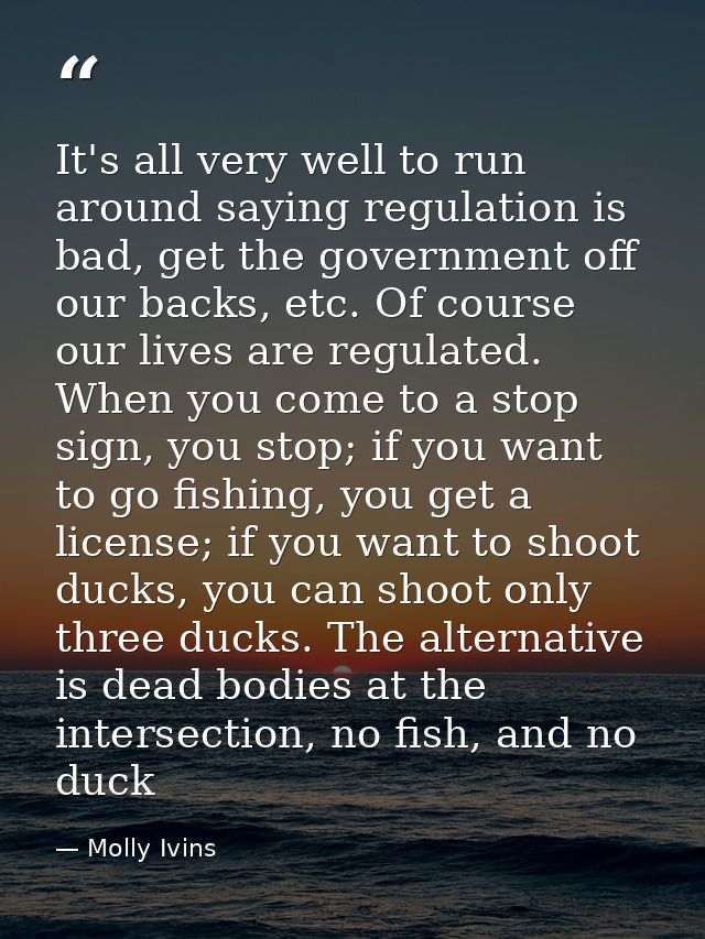 It's all very well to run around saying regulation is bad, get the government off our backs, etc. Of course our lives ar — Molly Ivins