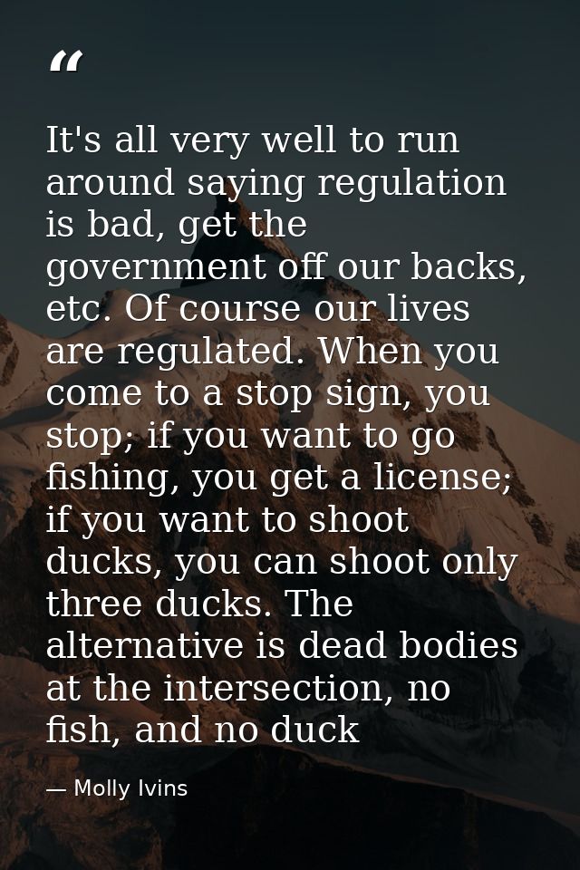 It's all very well to run around saying regulation is bad, get the government off our backs, etc. Of course our lives ar — Molly Ivins