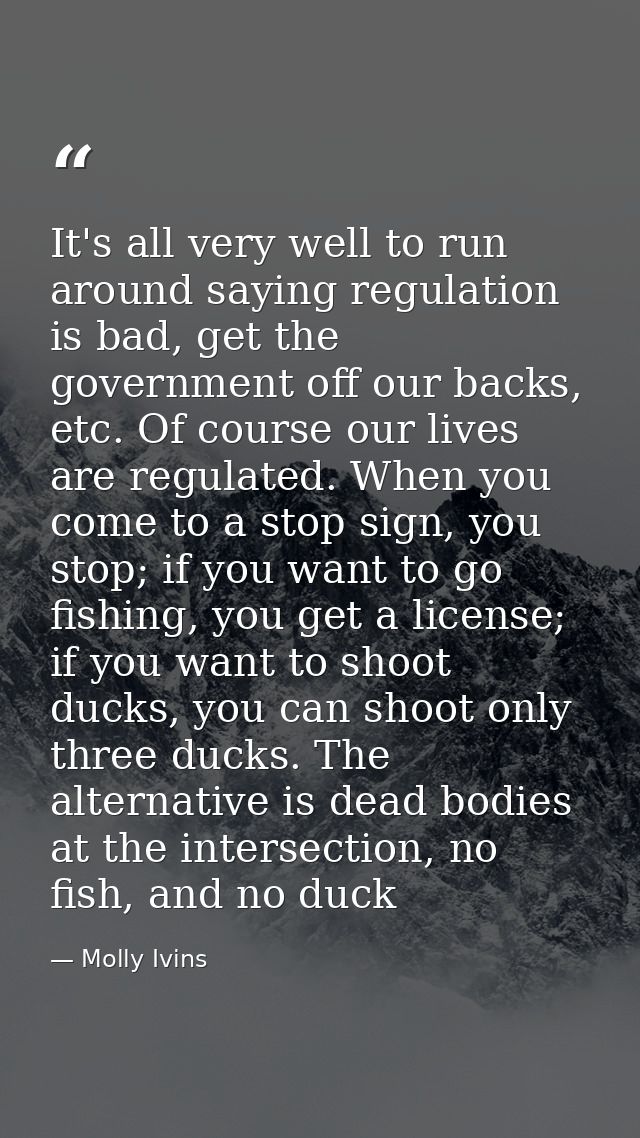 It's all very well to run around saying regulation is bad, get the government off our backs, etc. Of course our lives ar — Molly Ivins