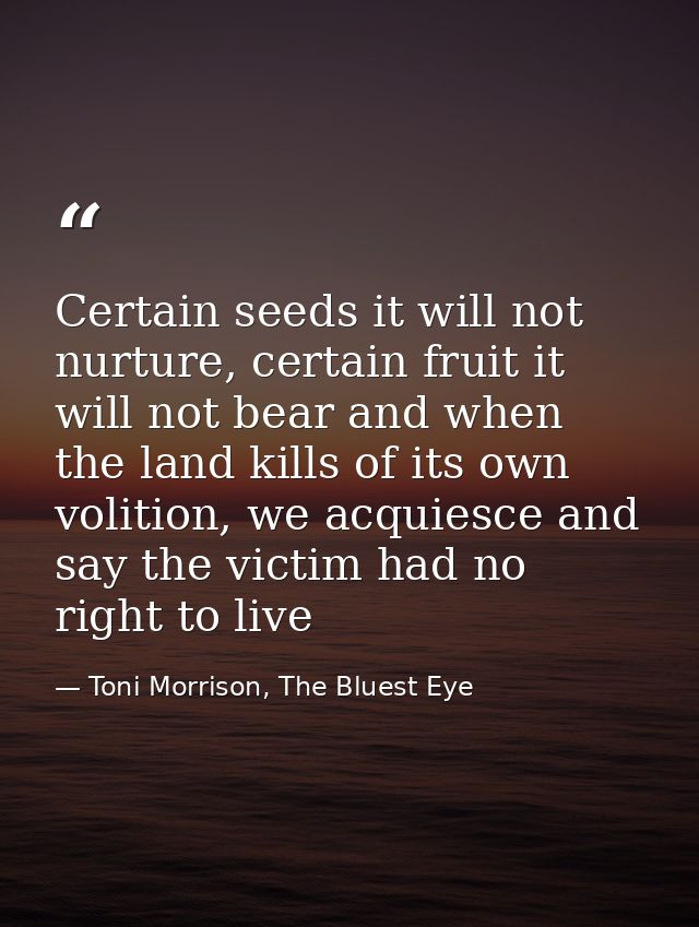 Certain seeds it will not nurture, certain fruit it will not bear and when the land kills of its own volition, we acquie — Toni Morrison, The Bluest Eye
