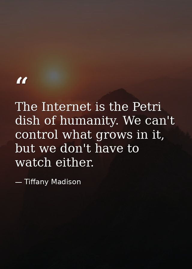 The Internet is the Petri dish of humanity. We can't control what grows in it, but we don't have to watch either. — Tiffany Madison