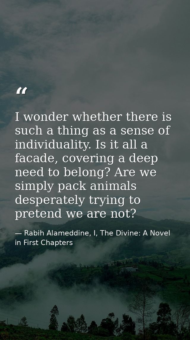 I wonder whether there is such a thing as a sense of individuality. Is it all a facade, covering a deep need to belong?  — Rabih Alameddine, I, The Divine: A Novel in First Chapters
