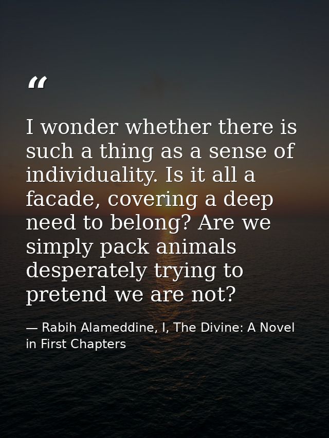 I wonder whether there is such a thing as a sense of individuality. Is it all a facade, covering a deep need to belong?  — Rabih Alameddine, I, The Divine: A Novel in First Chapters