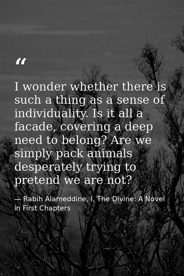 I wonder whether there is such a thing as a sense of individuality. Is it all a facade, covering a deep need to belong?  — Rabih Alameddine, I, The Divine: A Novel in First Chapters