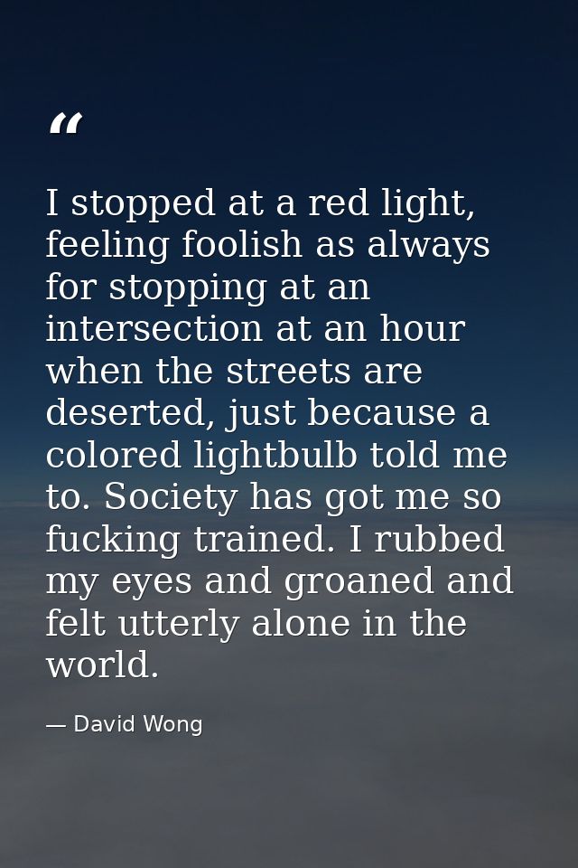 I stopped at a red light, feeling foolish as always for stopping at an intersection at an hour when the streets are dese — David Wong