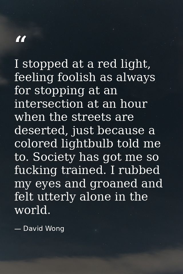 I stopped at a red light, feeling foolish as always for stopping at an intersection at an hour when the streets are dese — David Wong