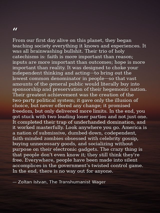 From our first day alive on this planet, they began teaching society everything it knows and experiences. It was all bra — Zoltan Istvan, The Transhumanist Wager