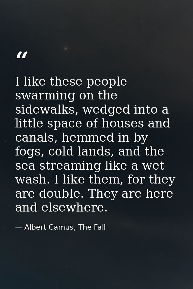 I like these people swarming on the sidewalks, wedged into a little space of houses and canals, hemmed in by fogs, cold  — Albert Camus, The Fall
