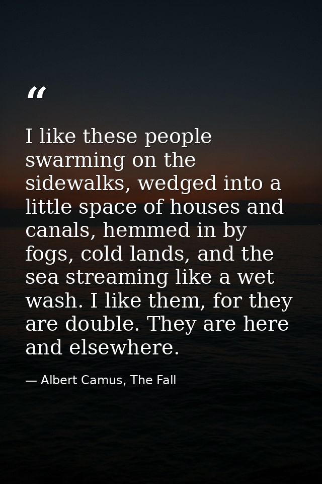 I like these people swarming on the sidewalks, wedged into a little space of houses and canals, hemmed in by fogs, cold  — Albert Camus, The Fall