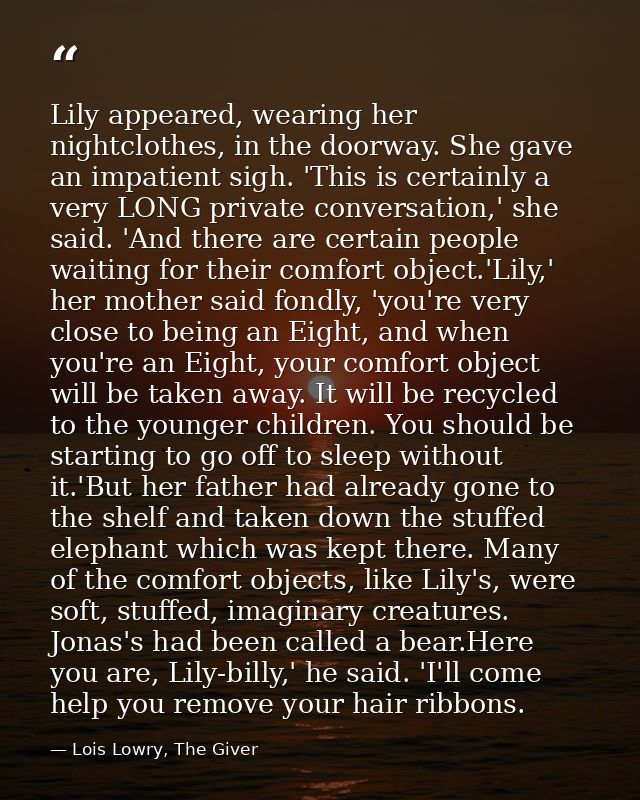 Lily appeared, wearing her nightclothes, in the doorway. She gave an impatient sigh. 'This is certainly a very LONG priv — Lois Lowry, The Giver