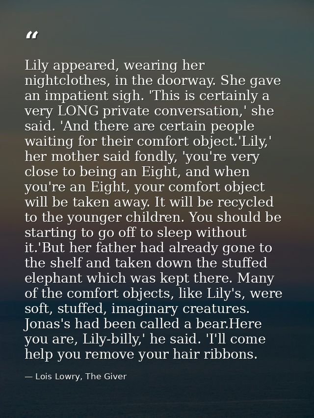 Lily appeared, wearing her nightclothes, in the doorway. She gave an impatient sigh. 'This is certainly a very LONG priv — Lois Lowry, The Giver