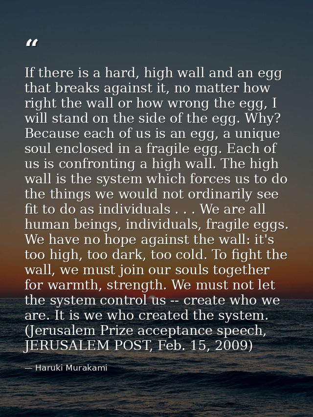 If there is a hard, high wall and an egg that breaks against it, no matter how right the wall or how wrong the egg, I wi — Haruki Murakami