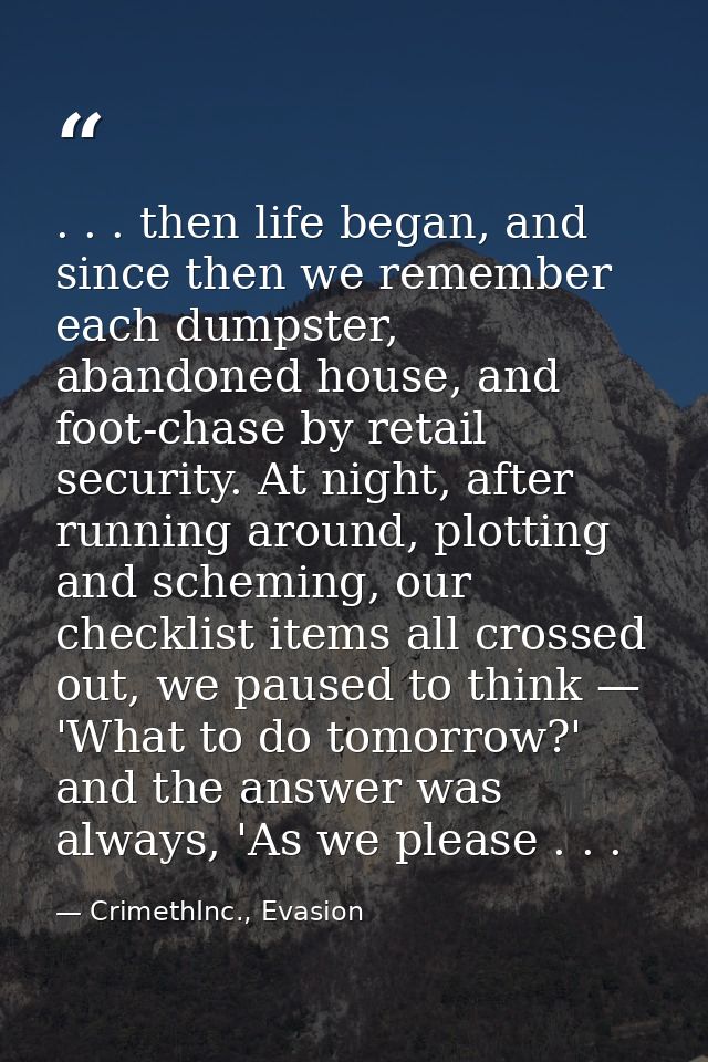 . . . then life began, and since then we remember each dumpster, abandoned house, and foot-chase by retail security. At  — CrimethInc., Evasion