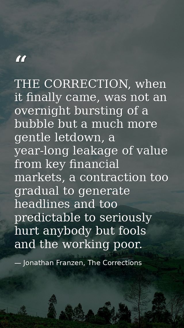 THE CORRECTION, when it finally came, was not an overnight bursting of a bubble but a much more gentle letdown, a year-l — Jonathan Franzen, The Corrections