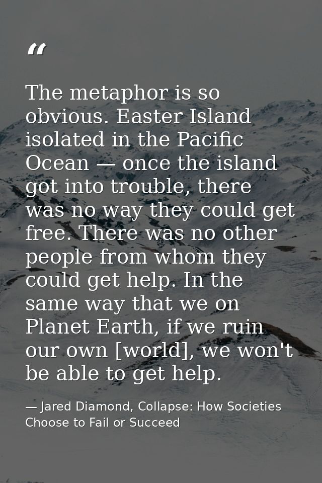 The metaphor is so obvious. Easter Island isolated in the Pacific Ocean — once the island got into trouble, there was no — Jared Diamond, Collapse: How Societies Choose to Fail or Succeed