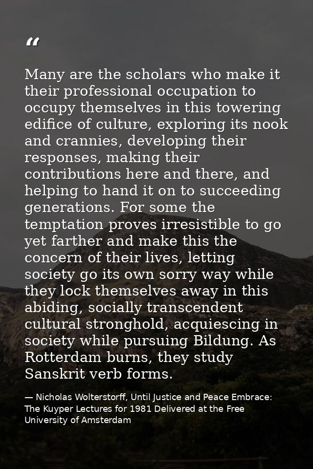 Many are the scholars who make it their professional occupation to occupy themselves in this towering edifice of culture — Nicholas Wolterstorff, Until Justice and Peace Embrace: The Kuyper Lectures for 1981 Delivered at the Free University of Amsterdam