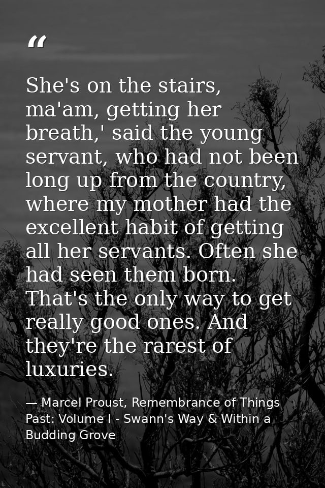 She's on the stairs, ma'am, getting her breath,' said the young servant, who had not been long up from the country, wher — Marcel Proust, Remembrance of Things Past: Volume I - Swann's Way & Within a Budding Grove