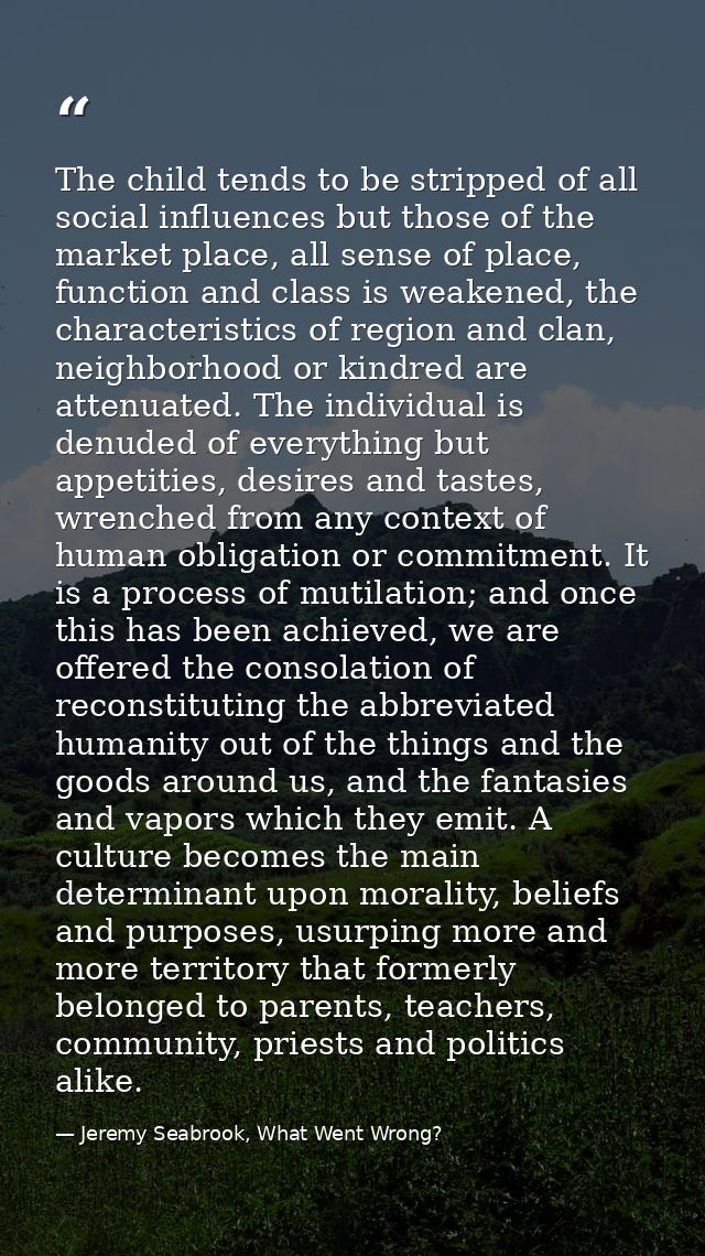 The child tends to be stripped of all social influences but those of the market place, all sense of place, function and  — Jeremy Seabrook, What Went Wrong?