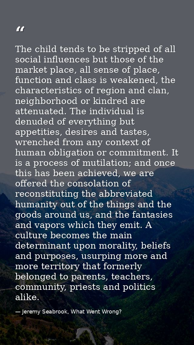 The child tends to be stripped of all social influences but those of the market place, all sense of place, function and  — Jeremy Seabrook, What Went Wrong?