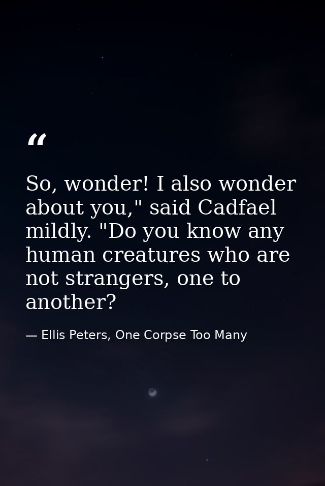 So, wonder! I also wonder about you," said Cadfael mildly. "Do you know any human creatures who are not strangers, one t — Ellis Peters, One Corpse Too Many