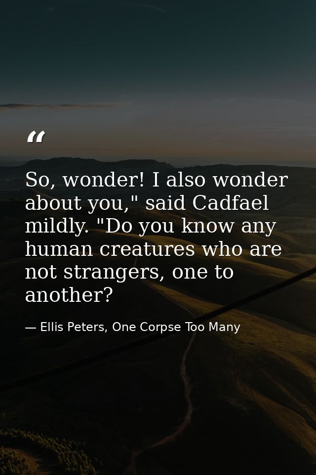 So, wonder! I also wonder about you," said Cadfael mildly. "Do you know any human creatures who are not strangers, one t — Ellis Peters, One Corpse Too Many