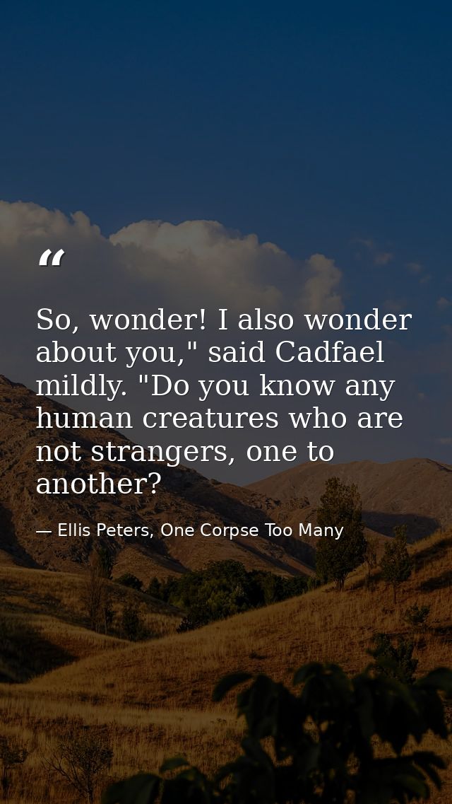 So, wonder! I also wonder about you," said Cadfael mildly. "Do you know any human creatures who are not strangers, one t — Ellis Peters, One Corpse Too Many