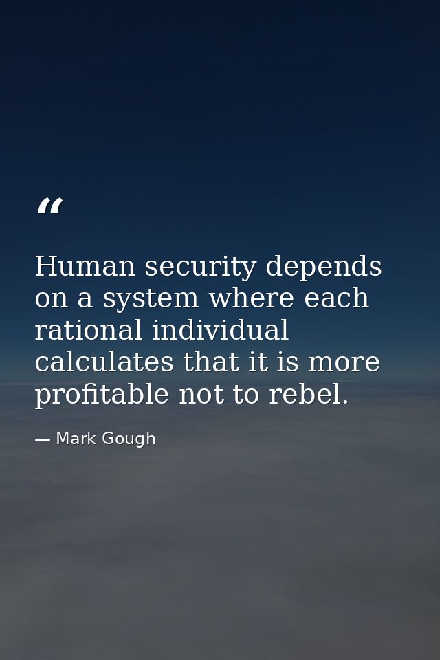 Human security depends on a system where each rational individual calculates that it is more profitable not to rebel. — Mark Gough