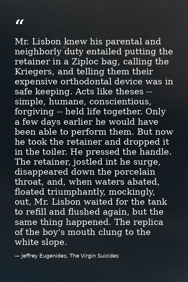 Mr. Lisbon knew his parental and neighborly duty entailed putting the retainer in a Ziploc bag, calling the Kriegers, an — Jeffrey Eugenides, The Virgin Suicides