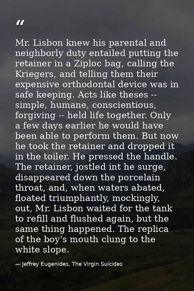 Mr. Lisbon knew his parental and neighborly duty entailed putting the retainer in a Ziploc bag, calling the Kriegers, an — Jeffrey Eugenides, The Virgin Suicides