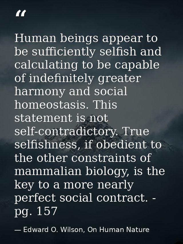 Human beings appear to be sufficiently selfish and calculating to be capable of indefinitely greater harmony and social  — Edward O. Wilson, On Human Nature
