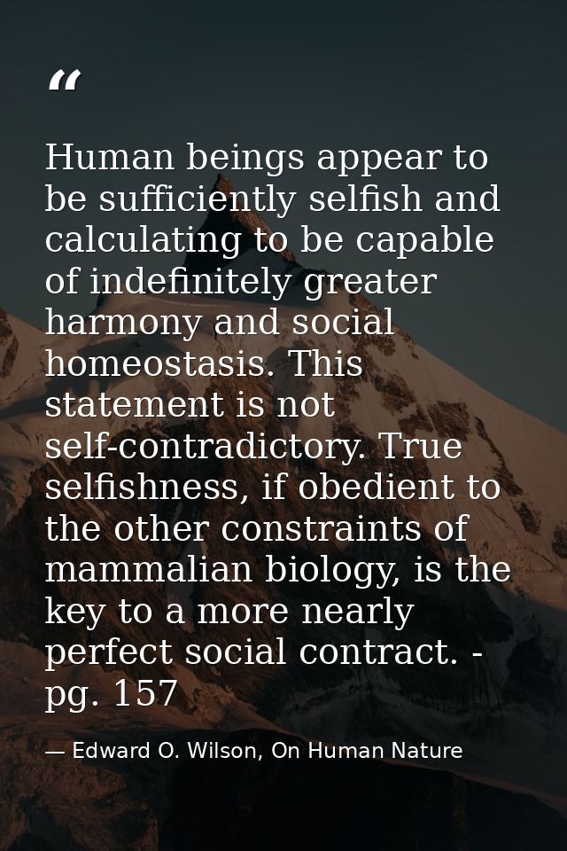 Human beings appear to be sufficiently selfish and calculating to be capable of indefinitely greater harmony and social  — Edward O. Wilson, On Human Nature