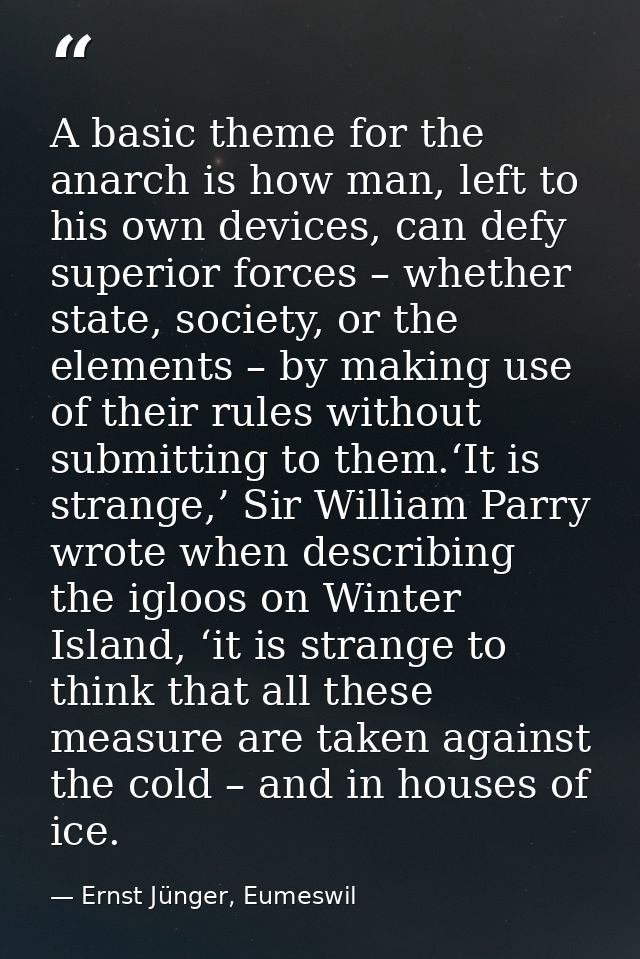 A basic theme for the anarch is how man, left to his own devices, can defy superior forces – whether state, society, or  — Ernst Jünger, Eumeswil