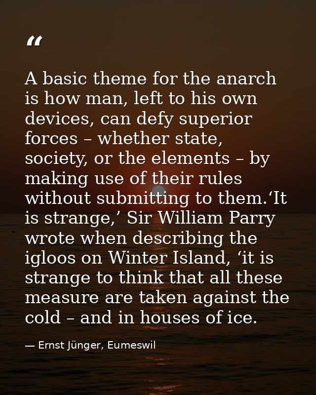A basic theme for the anarch is how man, left to his own devices, can defy superior forces – whether state, society, or  — Ernst Jünger, Eumeswil