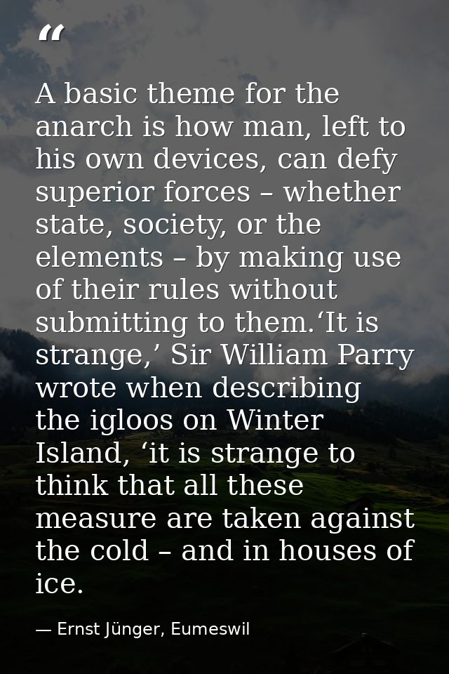 A basic theme for the anarch is how man, left to his own devices, can defy superior forces – whether state, society, or  — Ernst Jünger, Eumeswil