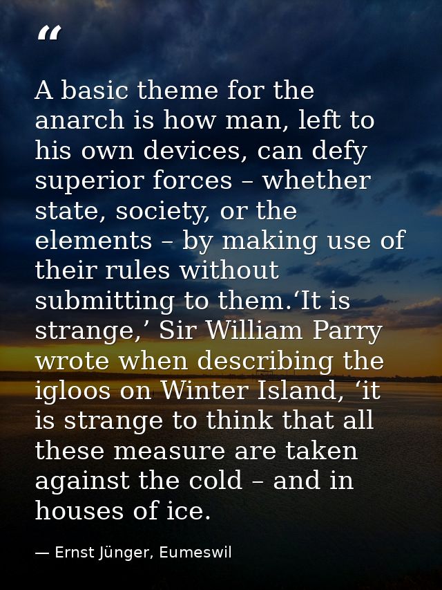 A basic theme for the anarch is how man, left to his own devices, can defy superior forces – whether state, society, or  — Ernst Jünger, Eumeswil