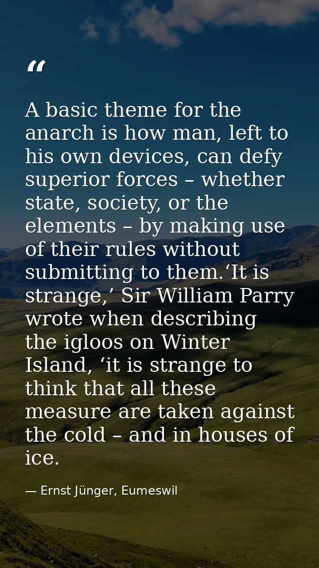 A basic theme for the anarch is how man, left to his own devices, can defy superior forces – whether state, society, or  — Ernst Jünger, Eumeswil