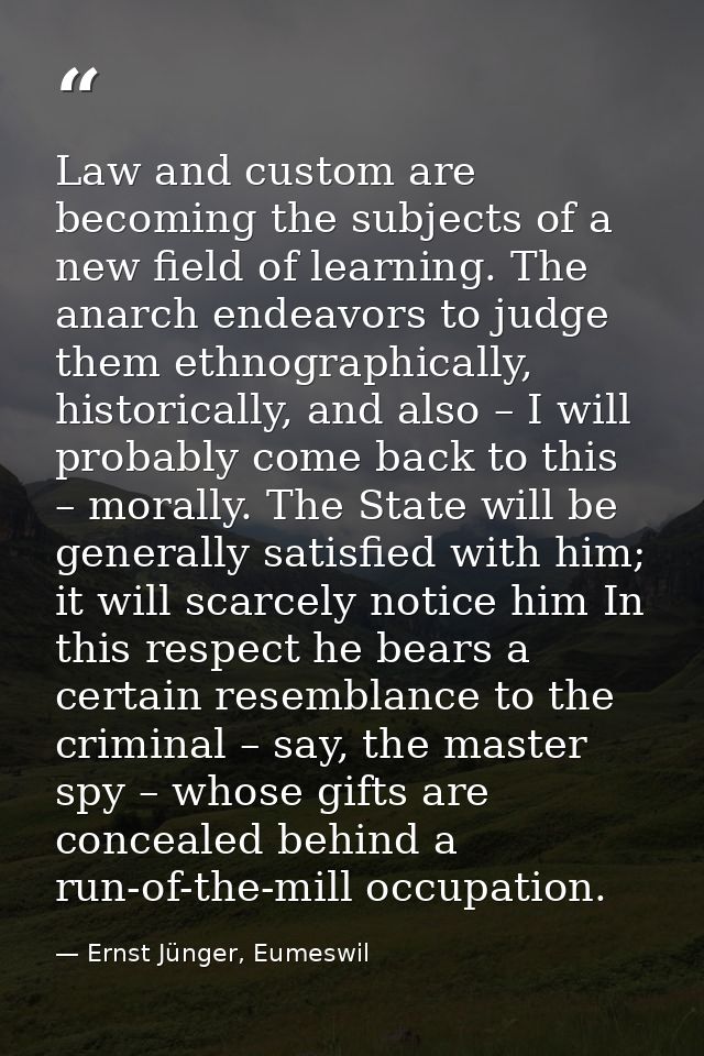 Law and custom are becoming the subjects of a new field of learning. The anarch endeavors to judge them ethnographically — Ernst Jünger, Eumeswil